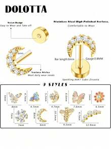 DOLOTTA 1PC 20G Brincos de cartilagem Stud para mulheres Brincos de aço cirúrgico com parte traseira plana Opala Borboleta Flor CZ Brincos de cartilagem Tragus Helix Piercing Jóias