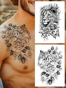 2pcs Set Black Half Arm Temporary Tattoos For Men, Animal Floral Lion Tiger Body Art Tattoo Stickers For Daily, Party, Holiday, Gift, Body Decoration, Arm, Chest, Back