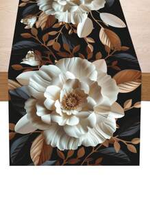 1pc 3D Floral Table Runner, 3D White Floral Theme Design Polyester Table Runner, Elegant White And Golden Floral Tablecloth, Party Festivals Gatherings Home Events Decorations Table Cloth, Desk Dining Tables Gift Tables Tabletop Decorations Table Cover, Kitchen Decorations Table Set , Room Decor Home Decor Table Skirt, Holiday Gifts Party Favors - 3D White Flowers - View 7
