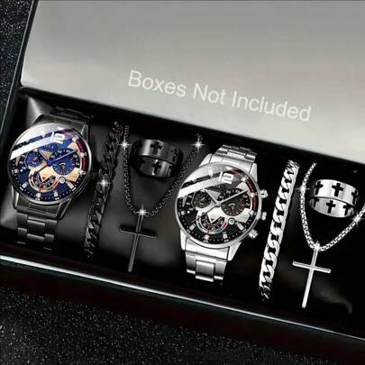 Relógio masculino de aço inoxidável, 8 peças, moderno, casual, com numerais romanos, escala mista, mostrador, data, relógio de quartzo com acessórios de joias, colar, pulseira, anel, conjunto, relógio, festa, presente, praia, férias, presente de dia dos namorados