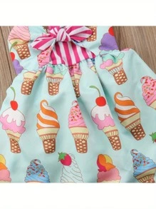 Vestido de verano sin mangas para niñas pequeñas, con estampado de helados, lazo, cuello halter, tirantes cruzados y faldas de princesa con cordones - Flor - Ver 7