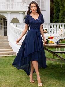 MIUSOL Floral Lace V-Neck Ruched High-Low Hem Chiffon Evening Gown - Navy Blue - View 6