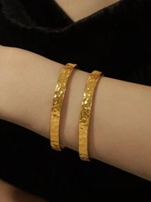 1pc Minimalist Textured 18K Gold-Plated Stainless Steel Bangle, Suitable For Daily Wear