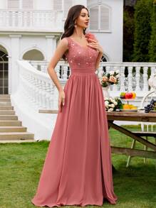 MIUSOL Sequin Floral Lace Sweetheart Neck Sleeveless Ruffle Chiffon Slit Maxi Formal Party Dress, Formal Evening Gown, Suitable For Wedding Guest, Graduation Ceremony, Gala And Other Occasions - Dusty Pink - View 7