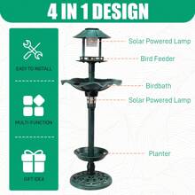 Outdoor Solar Lighted Pedestal Bird Bath Resin Fountain Decoration With Planter And Feeder, Decorative Vintage Bird Feeder For Garden Yard, Green - 1 - 查看 6