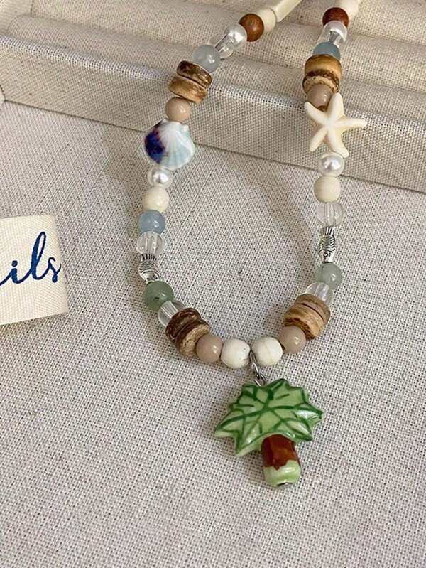 1pc Summer New Beach Coconut Palm Necklace, Colorful Beaded Seahorse Shell Clavicle Chain, Unique Design