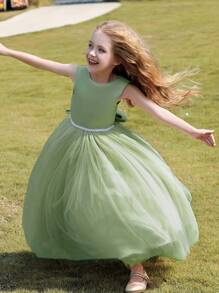 少女浅绿色花童礼服,大蝴蝶结,长款正式伴娘礼服 - 綠色 - 查看 6