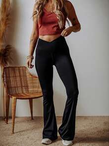 Acelitt Black V Shape High Waist Flared Leggings - Black - View 4