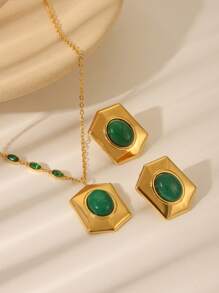 Juego de 3 piezas de collar colgante de acero inoxidable con baño de oro de 18 quilates, piedra de ojo de gato verde y forma geométrica de rombo, joyería de estilo europeo y americano de moda adecuada para regalo de mujer para fiesta y cumpleaños