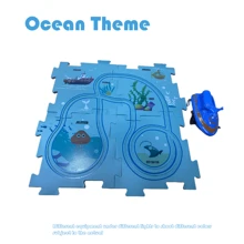 5件车形拼图轨道车玩具套装，可互换拼图板和轨道车组合，塑料地板拼图赛车，儿童汽车轨道玩具，蒙特梭利车辆拼图玩具，3岁以上男孩生日礼物，包含海洋、太空和恐龙拼图轨道车玩具，配件颜色随机，不含螺丝刀和电池