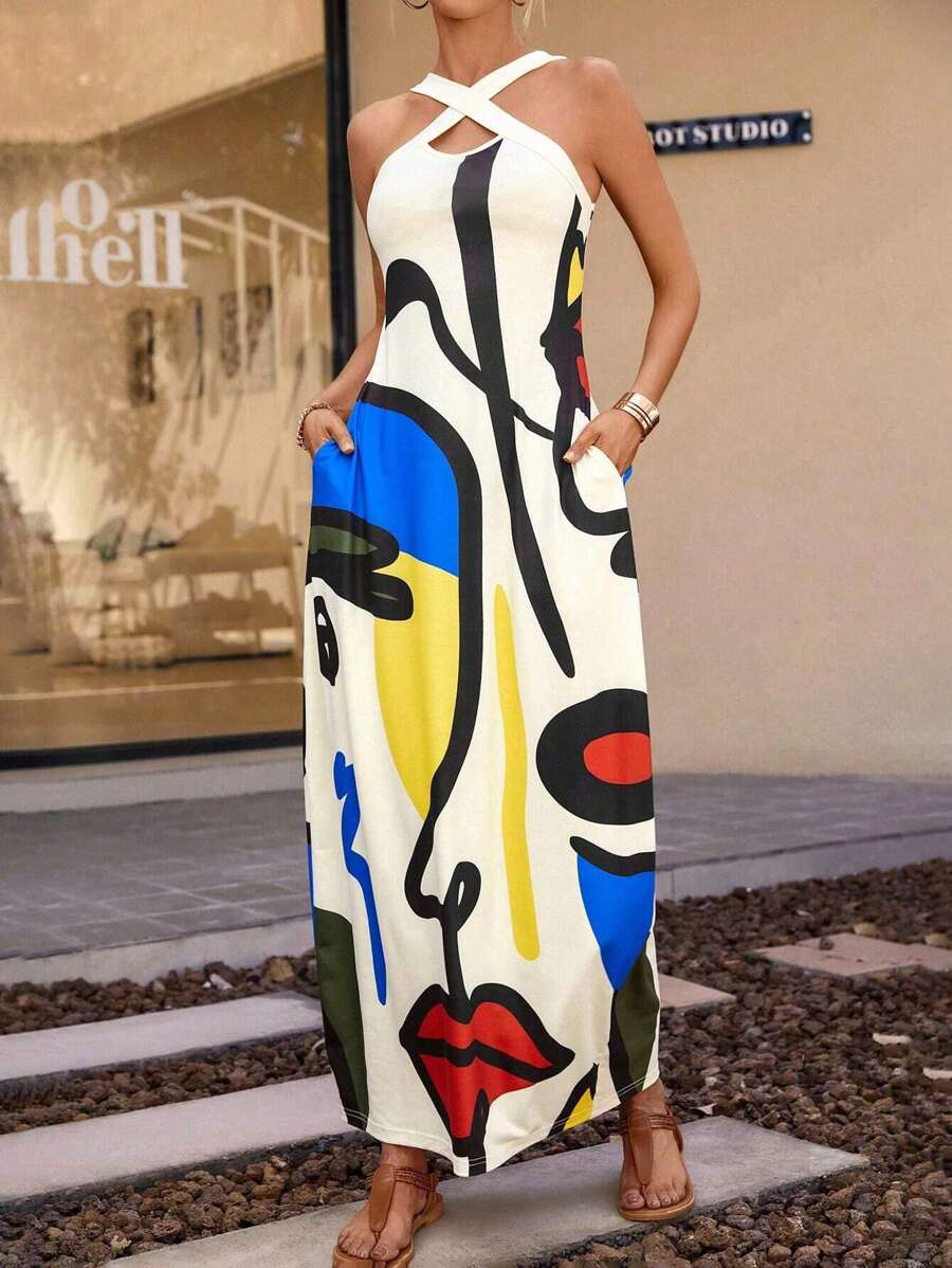 Spring And Summer Women's Cross V Neck Art Graffiti Print Maxi Modest Elegant Casual Sundresses,Vacation Beach Outfits / Cover Ups,Valentine's Day / Mardi Gras / Easter Outfits - Nhiều màu - Xem 1