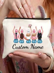 Custom Bridesmaids Name Bridal Print Zipper Cosmetic Bag, Travel Toiletry Storage Bag For Bachelorette Party Wedding, Team Bridal Print Portable Women's Cosmetic Bag, Toiletry Bag Multifunctional Bag Gift For Friends, Travel Cosmetic Bag