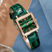 4-Piece Set Luxury Women Watch With Roman Numeral Dial, Leather Strap + Necklace + Earrings + Ring