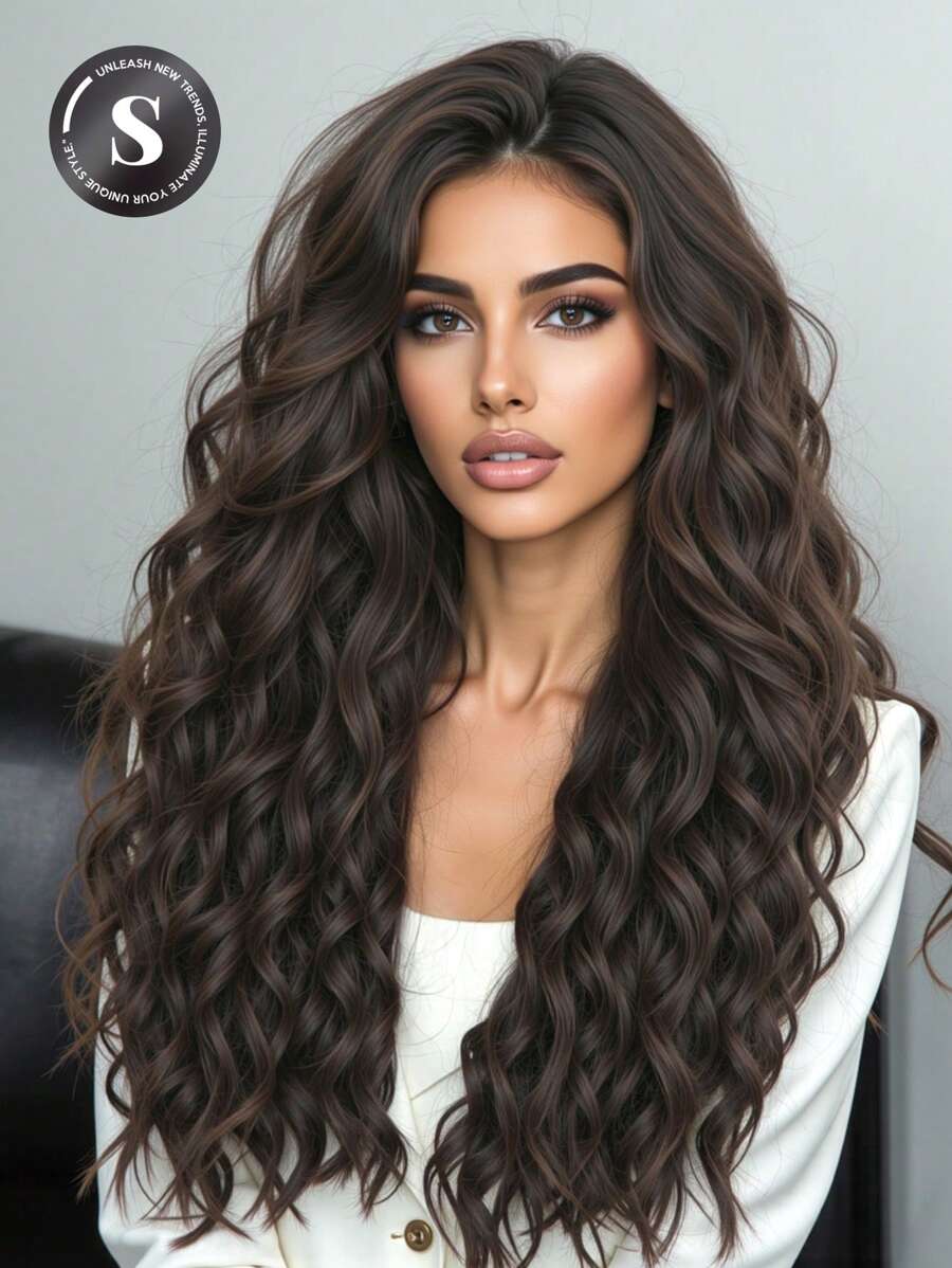28 Inch Long Wavy Synthetic Wig Without Bangs: Natural Appearance, Heat Resistant, Suitable For Parties, Cosplay And Everyday Wear - Dark Brown - View 1