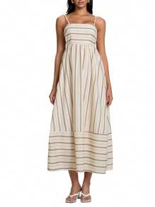 Women's Summer Casual Spaghetti Strap Long Dress Sleeveless Stripes Print Flowy Dress Midi Slip Dress Beach Vacation Sundress