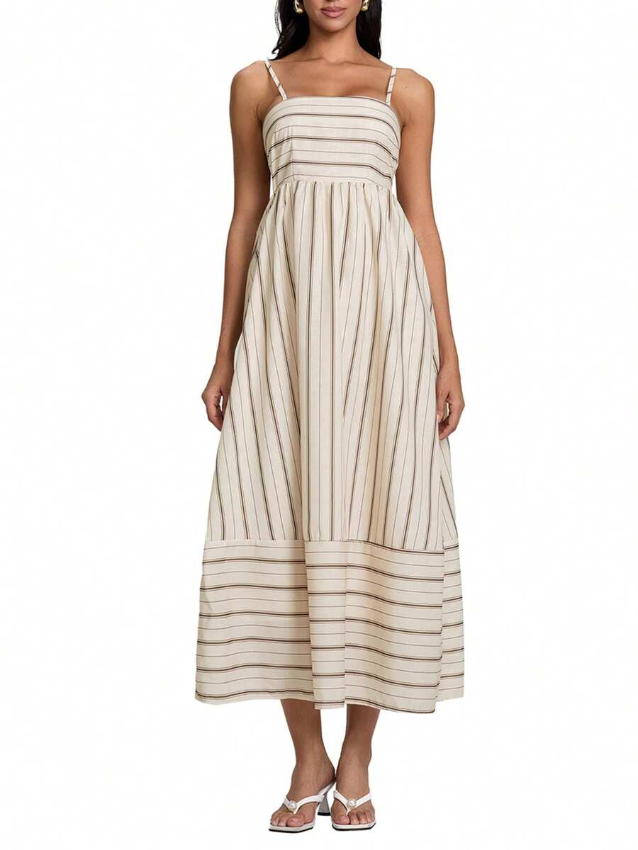 Women's Summer Casual Spaghetti Strap Long Dress Sleeveless Stripes Print Flowy Dress Midi Slip Dress Beach Vacation Sundress