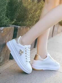 NovedadesZapatillas De Skate Informales Para Mujeres Y Adolescentes, De Suela Gruesa, Cómodas, Livianas Y Con Estilo Urbano/Zapatos Planos Casuales Elegantes, Cómodos Y De Moda Para Mujer Con Forma De En Color Blanco, Estilo Versátil - Dorado - Ver 4