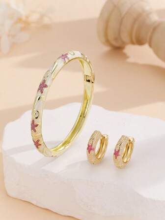 1 Set Fashion New Gold Plated Flower Retro Pattern Enamel Cloisonne Bracelet Bangle And Earrings For Girls Women