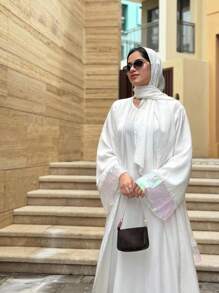 2 Pieces Set: Dubai Style Rhinestone Embellished Abaya/Robe And Long Sleeve Round Neck Dress With Headscarf, Suitable For Party, Date, Daily Wear - White - View 2