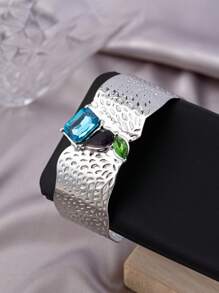 1pc Retro European Style Exaggerated Metal Rhinestone Openwork Bangle, Suitable For Women's Daily Outfit And Gift Jewelry - Silver - View 3