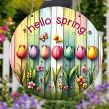 1pc Wooden Hanging Hello Spring Sign, Seasonal Wall Art Decor With Colorful Tulips And Butterflies, Suitable For Easter And Spring Celebrations Easter Decorations Easter Decor Party Gift Gifts Birthday Graduation