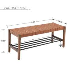 Rustic Wood Entryway Bench 45 Inch Woven Bench, Indoor Boho Accent Bench With Faux Leather Strips & Metal Shoe Rack, Small Bench For Living Room/Bedroom/Hallway/Foyer/End Of Bed, Brown