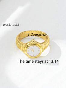 1pc 18K Gold Plated Copper Faux Watch Model Ring, High Quality Elegant Niche Fashion Design Enamel Coated Ring, Time Stopped At 13:14, Mother's Day Gift (Hands Do Not Move)