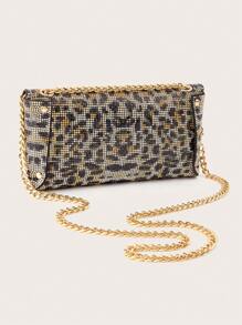 时尚 L 码豹纹闪亮奢华钻石装饰女士手提包，优雅婚礼信封手拿包方形钱包，配金属链条斜挎包，时尚优雅手提包，适合正式宴会、派对、婚礼、舞会、聚会、音乐节等场合，可作为送给女性的礼物 - 彩色 - 查看 5