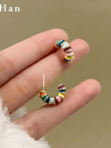 1pc 925 Sterling Silver Colorful Stud Earrings, Fashionable C-Shaped Rainbow Earrings, Elegant Jewelry, Suitable For Party, Daily Wear, Romantic Date, Birthday Gift, Artistic Design, Classic Style, Shiny Accessory, Recommended Women's Fashion Accessory, Gift Option, Special Occasion, Couple Jewelry, Delicate Necklace