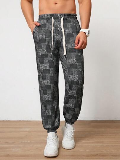Pantalones Deportivos Para Exteriores De Hombre Con Parche Bordado, Pantalones Casuales Con Cordón De Cuadros, Para Todas Las Estaciones