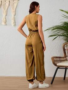 Women's Elegant Wide Leg Jumpsuit, Flocking Fabric Jumpsuit, Plunging Neckline And High Waist