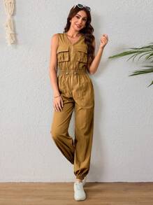 Women's Elegant Wide Leg Jumpsuit, Flocking Fabric Jumpsuit, Plunging Neckline And High Waist
