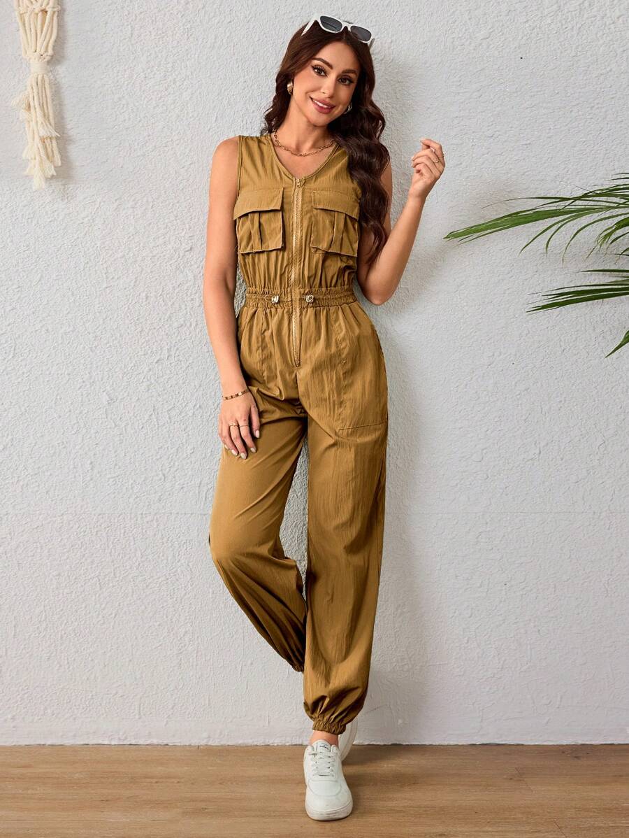 Women's Elegant Wide Leg Jumpsuit, Flocking Fabric Jumpsuit, Plunging Neckline And High Waist