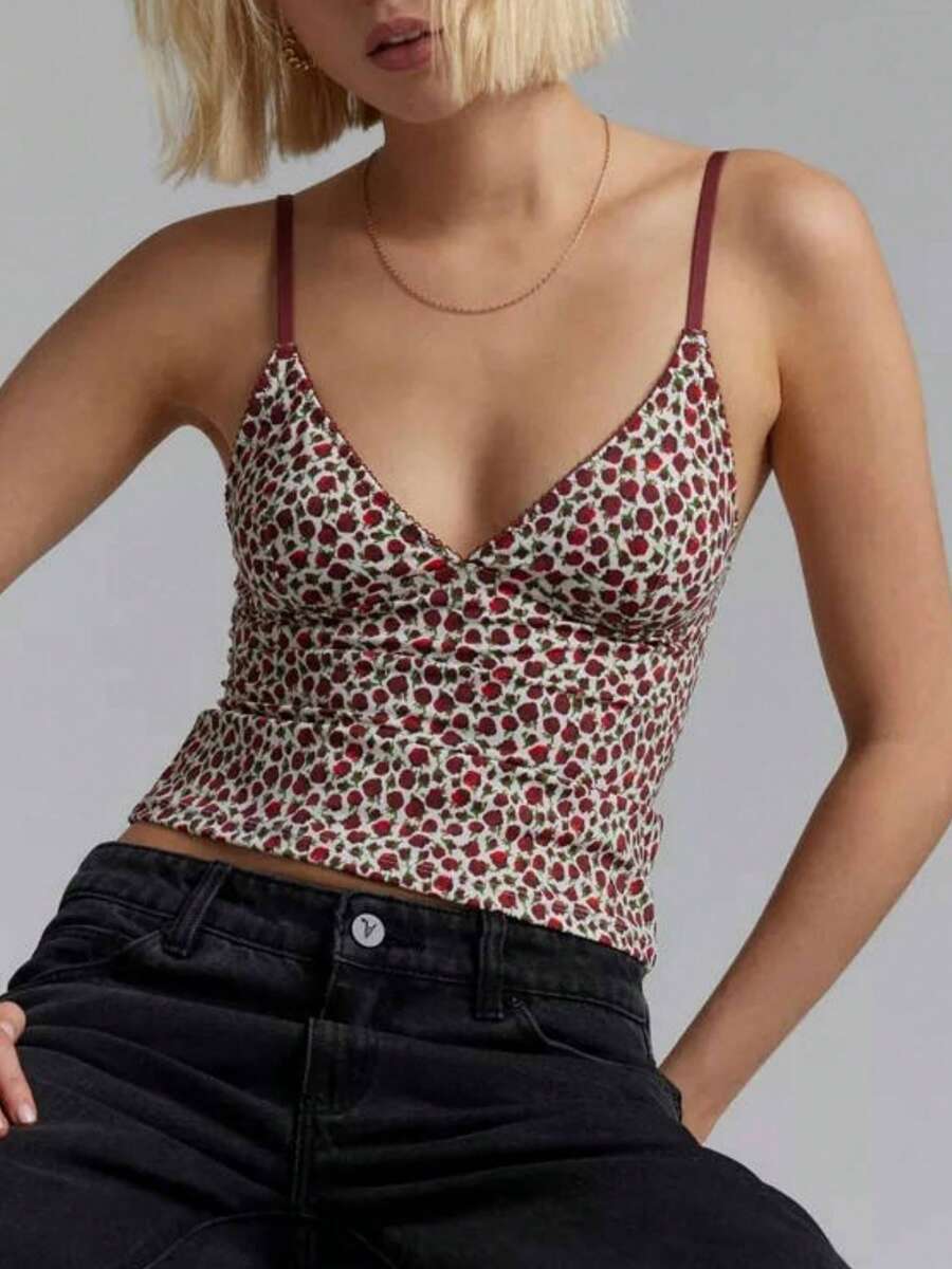 Women Y2k Crop Camisole Tops Leopard/Polka Dot/Plaid V Neck Spaghetti Strap Sleeveless Backless Tank Tops Summer Slim Fit Going Out Tops Shirts Party Club Beach Vacation Tops Streetwear Aesthetic Clothes - 紅色 - 查看 1