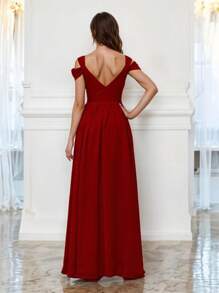 Vestido Largo Elegante con Hombros Descubiertos con Escote en V y Abertura en la Pierna - Rojo - Ver 3