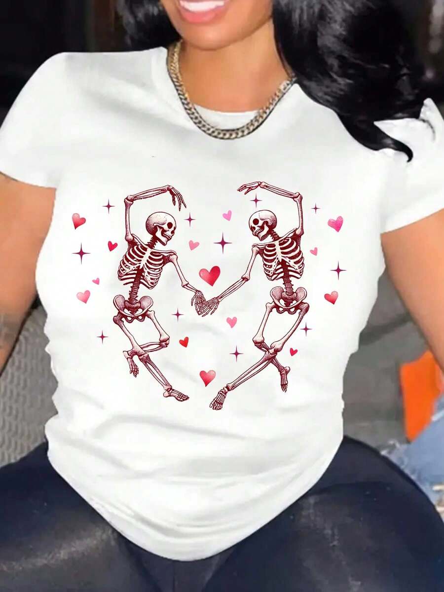 Love Shirt, Valentines Day Shirt, Skeleton Mummy Love Print Shirt, Couple Shirt, Valentines Day Shirt, Heart Tee, Cute Valentine Shirt, Singles Day Shirt, Mother's Day Gift, Print T-Shirt - Short Sleeve, Crew Neck, Casual Top For Spring & Summer Fashion - White - View 1