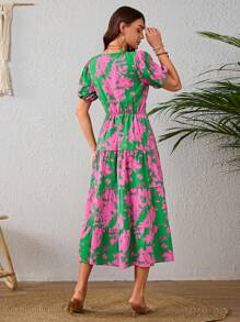 Elegant Women's Long Dress, Deep V Neck Dress, Cloth Belt Dress, Vintage Printed Dress, Lantern Sleeve Dress For Spring And Summer - 綠色 - 查看 2