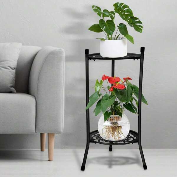 Plant Stand Indoor 2 Tier Metal Tall Plant Holder Flower Pot Rack For Home Outdoor Garden 50x30cm White