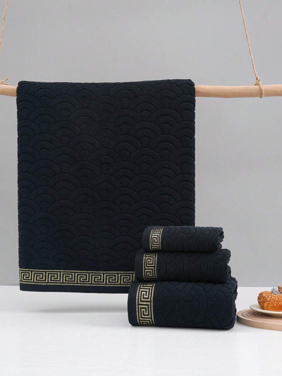 QIBHI 1/3pcs Dobby Jacquard Wash Towels/Bath Towels, Absorbent And Soft - Black - View 1