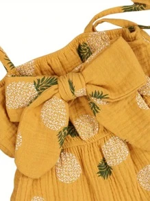 Conjunto de verano para bebé de 2 piezas, pelele con tirantes finos estampado de piña/lunares y diadema con lazo para niñas pequeñas - Amarillo - Ver 7
