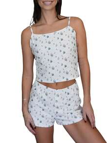 Cccoqdj Womens Heart/Tree/Cherry Print Ribbed PJ Set Crop Cami Tops And Shorts Cute Pajamas Set Summer Sleepwear - 綠色 - 查看 6