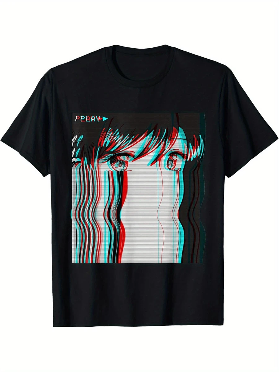 Vaporwave Aesthetic Sad Anime Girl Retro Eboy Egirl Harajuku T-Shirt Cotton Fun Design DIY Women Soft Breathable Summer And Winter Comfortable Casual Sports Halloween And Christmas Gifts - Black - View 1