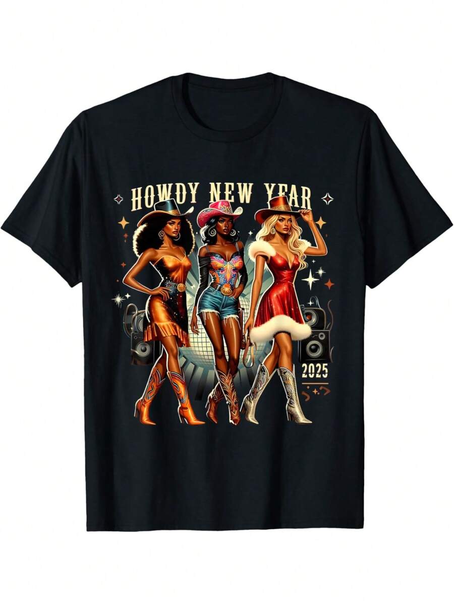 EWHHowdy New Year 2025 Cowgirl Glam Black Girls Music Lovers T-Shirt