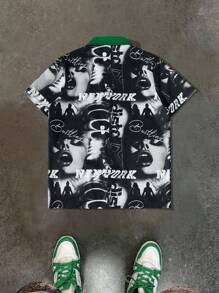 Nueva camisa de manga corta para hombre de moda holgada con estampado de letras y retratos
