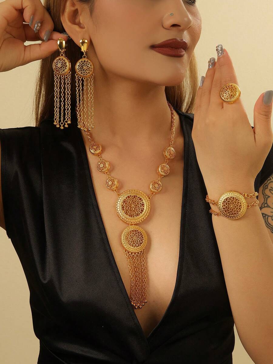 5pcs/Set Fashion Gold Plated Jewelry Set, Round Flower Cutout Yellow Gold Necklace Bracelet Earrings Ring, Suitable For Women's Holiday Wear, Wedding Jewelry