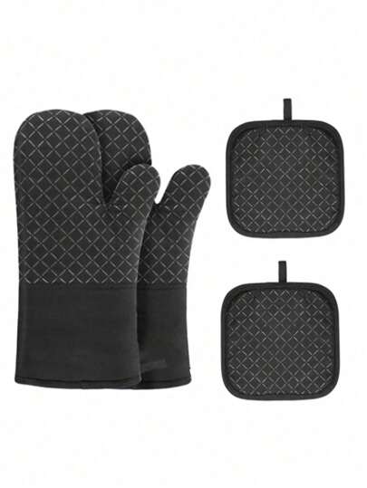 2 Packs Silicone Oven Mitts With Pot Holders - Non-Slip, Heat Resistant To 350°C For BBQ, Baking, Cooking, Grilling - Kitchen Handling Of Hot Dishes, Pans - Essential Cooking Accessories