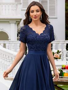 MIUSOL Floral Lace V-Neck Ruched High-Low Hem Chiffon Evening Gown - Navy Blue - View 10