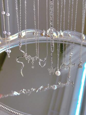 9/8 件 Y2K 风格时尚优雅复古设计多层项链套装，饰有粉色水钻、闪亮饰物、蝴蝶结、心形、十字架、蛇形、蝴蝶、仿珍珠吊坠，适合节日、派对、约会、礼物、日常佩戴