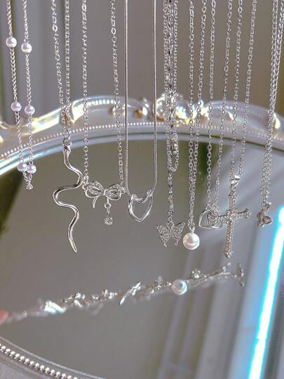 9/8pcs Y2K Style Fashion Elegant Vintage Design Layered Necklace Set, Featuring Pink Rhinestone, Bling Bling, Bow, Heart, Cross, Snake, Butterfly, Faux Pearl Pendants, Suitable For Holiday, Party, Date, Gift, Daily Wear