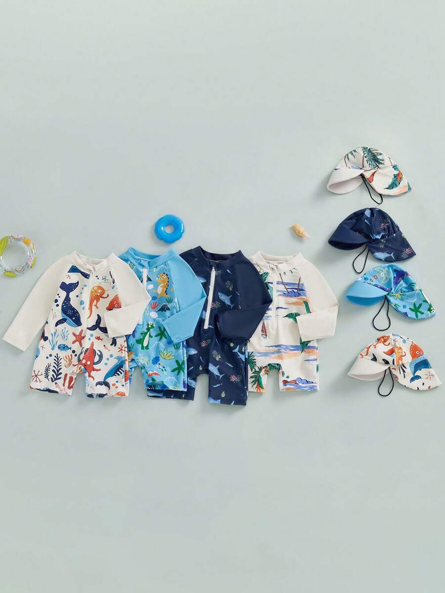 Infant Toddler Baby Boys Rash Guard Swimsuit Romper Long Sleeve Shark Print Bathing Suit Swimwear With Swim Cap - Khaki - View 1